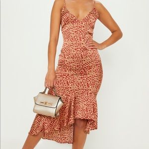 Red leopard frill hem midi dress